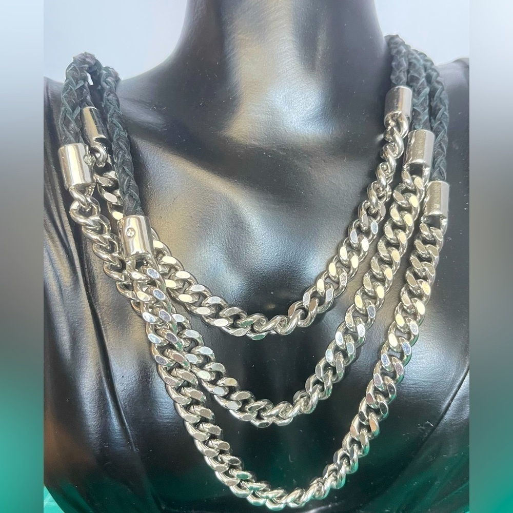 Lia Sophia braided leather silver tone Cuban link necklace - Picture 1 of 4
